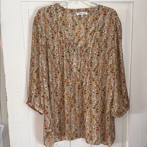 Rose & Olive Women’s Multicolor Floral Top V Neck Pleated 3X Cottage Feminine
